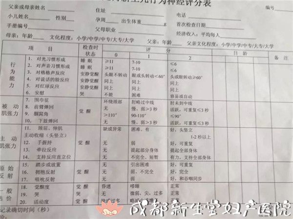 成都新生堂妇产医院新生儿神经行为测定